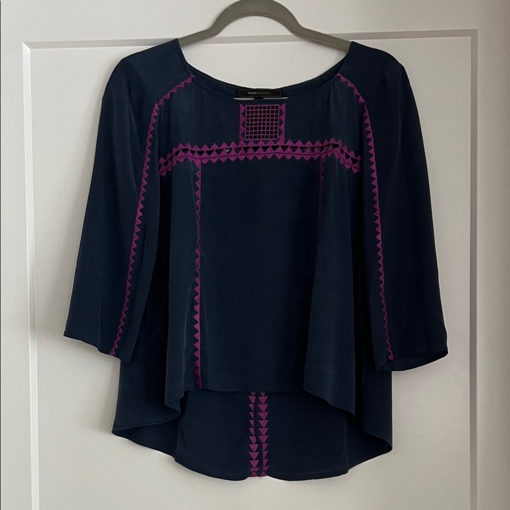 BCBGMaxAzria Navy Blouse with Purple Accents